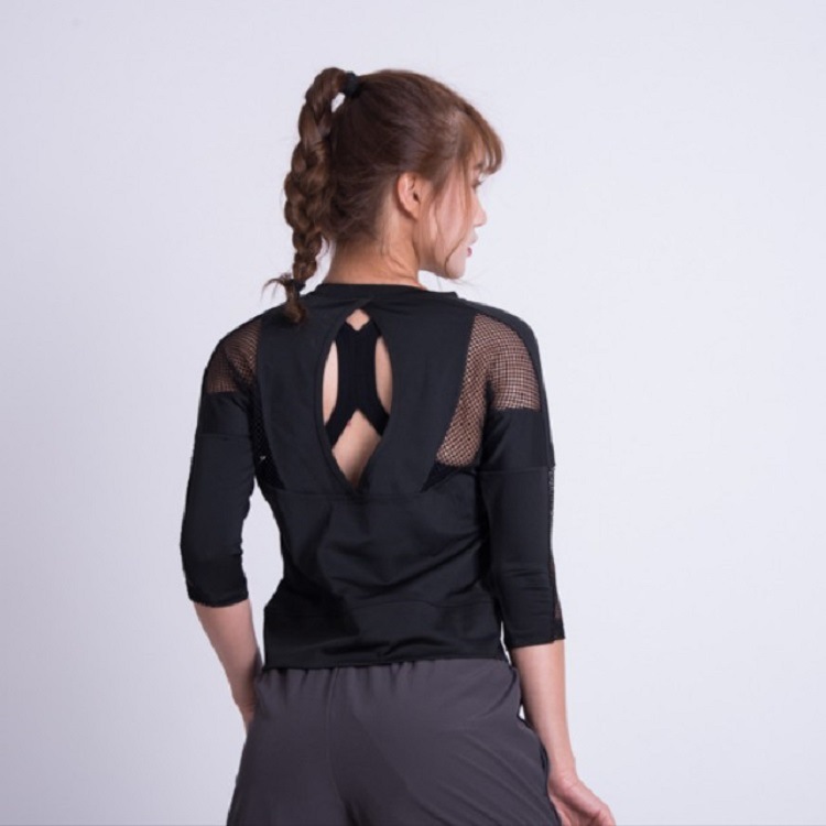 

Back Hollow Out Sports Tops Gym Women Fitness T Shirt Woman Black White 3/4 Sleeve Yoga Top Mesh Womens Gym Top Sport Wear, Red bra
