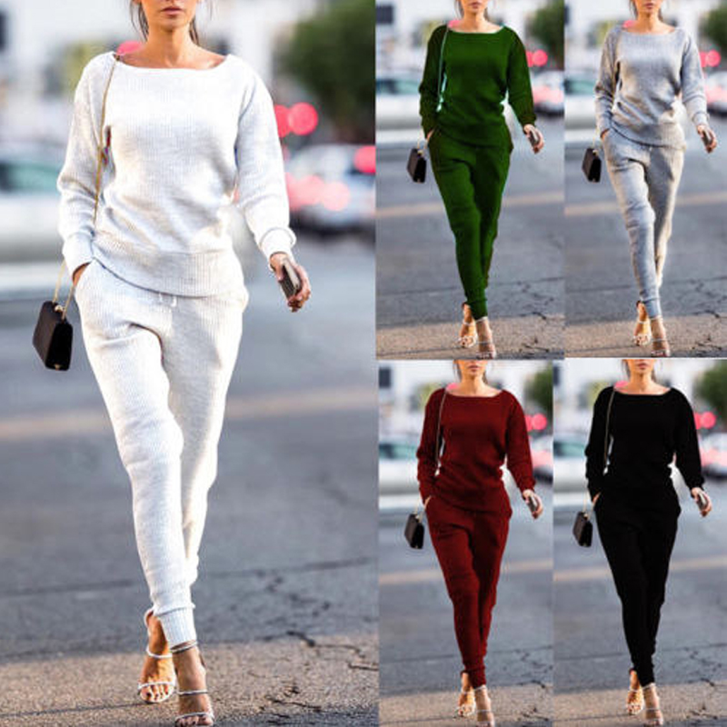 

Female Long -Sleeved Trousers Casual Autumn Leisure Suits Women Round Neck Hot Casual Neck Wear Suit, White