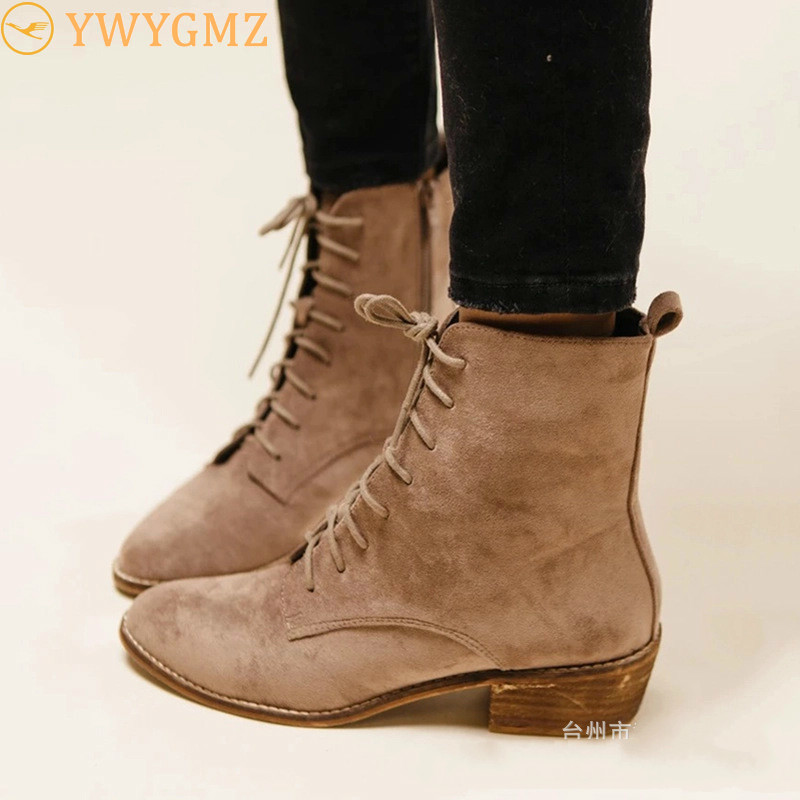 

Retro Cross-tied Mid Calf Boots for Women Zipper Round Toe Autumn Boots Med Square Heel Winter Ladies Cotton Boot Botas De Mujer, Beige