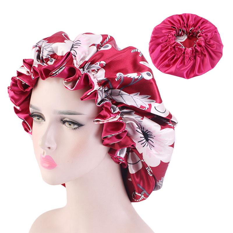

New Large Lace Satin Night Sleep Cap Double Layer Satin Linned Bonnet Beauty Salon Home Hat Head Cover Ladies Hair Accessories