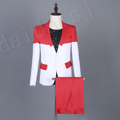 

Freeship mens red and white patchwork jacket with pants club/stage performance/studio suit/asia size, As pic