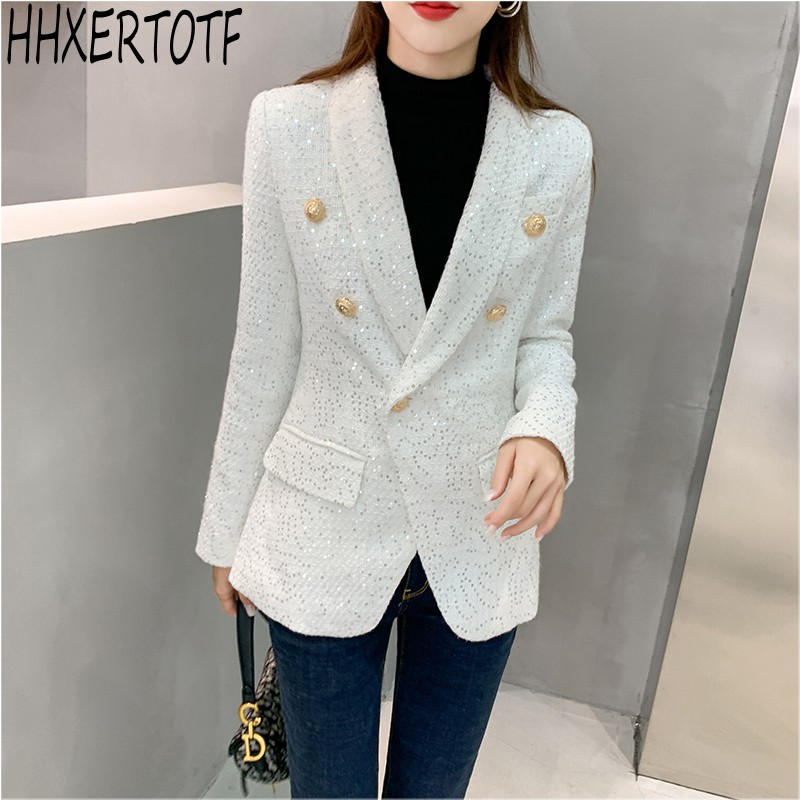 

2020 autumn winter Women elegant coat V neck jacket Small fragrance sequined tweed women' coat, As picture