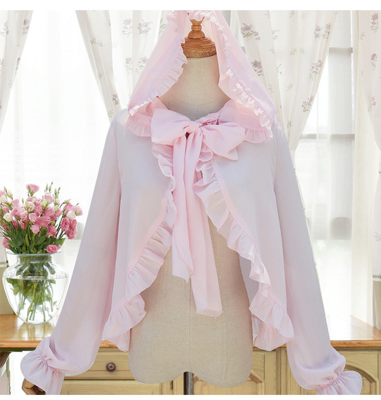 

Sweet Long Sleeve Women' Hooded Chiffon Top Ruffled Chiffon Blouse, Beige