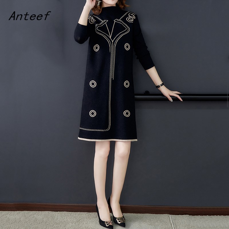 

long sleeve plus size knitted vintage women causal loose mini autumn winter sweater dress elegant clothes 2020ladies dresses, Black