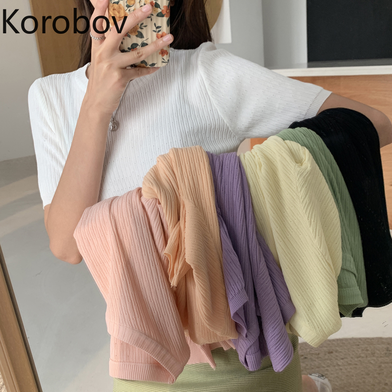 

Korobov 2020 Summer New Arrival O Neck Short Sleeve Pullovers Korean Solid Slim Knitwear Top Vintage Preppy Style Sueter Mujer, Orange