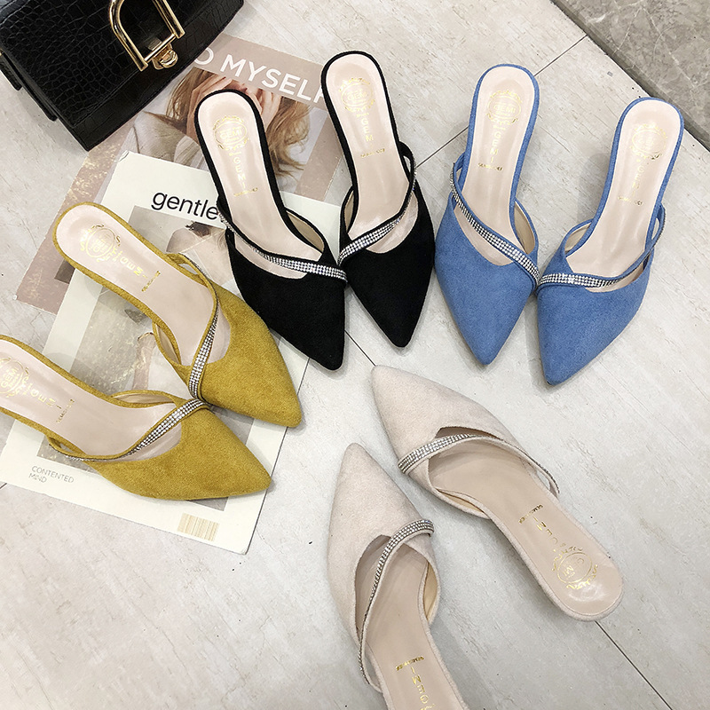 

2020 Summer Women Med Heels Shoes Baotou Half Slippers Women's Stiletto Pointy Thick Slippers Diamond Muller Shoes, Black