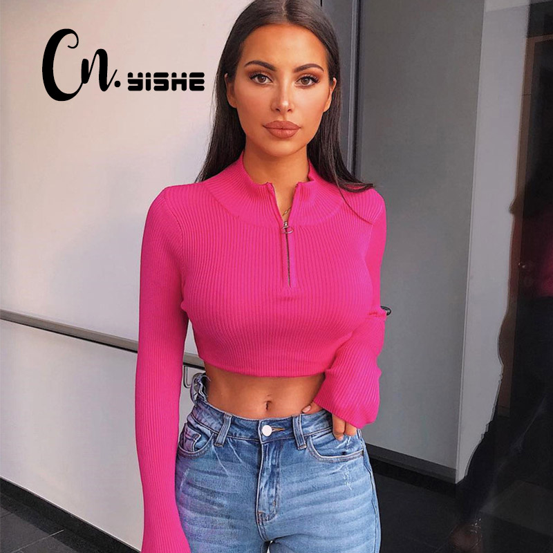 

CNYISHE 2020 Autumn Casual Neon Crop Tops T-shirt Women Solid Sexy Fitness Zipper Tees O-neck Long Sleeve T Shirts Blusas Female, Black
