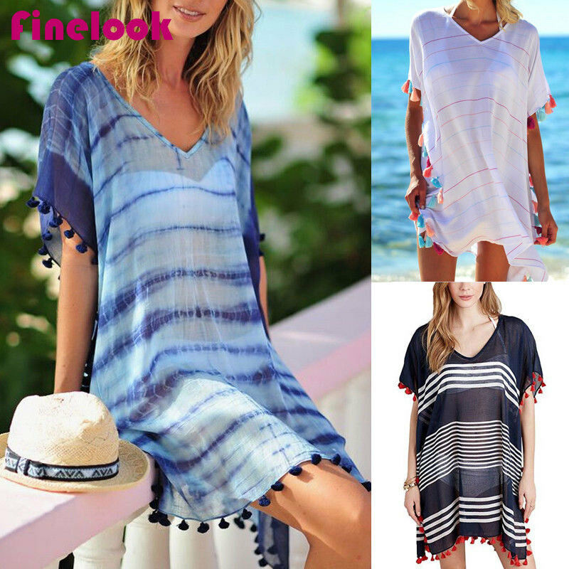

Women Stripe Print Tassel Swimsuit Bikini Cover Up Dress Kaftan V Neck Tops Swimwear Female Beach Dresses, White
