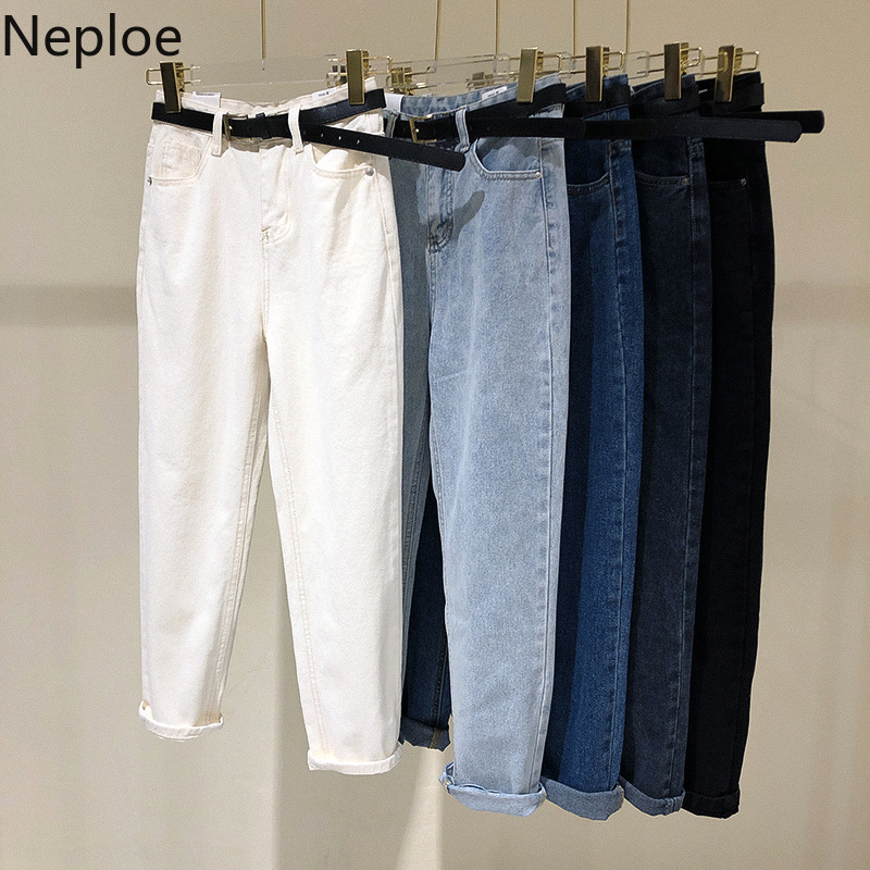 

Neploe Jeans Women Pants Belt High Waisted Long Trousers 2020 New Korean Solid Demin Harem Pants Harajuku Femme Pant 4D234, Black