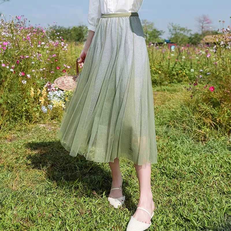 

Summer Sweet Light Green Sequin Mesh Long Pleated Skirt Office Lady Vintage England Beach Style High Street Elastic Waist Skirts
