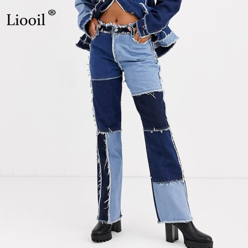 

Liooil Patchwork Skinny Straight Leg Jeans Woman High Waist With Pockets Sexy Color Block Ladies Jeans Trousers Denim Blue Pants