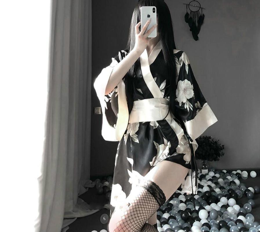 

Japanese Floral Kimono Big Bow Gown Sexy Cosplay Outfit for Women Soft Silk
