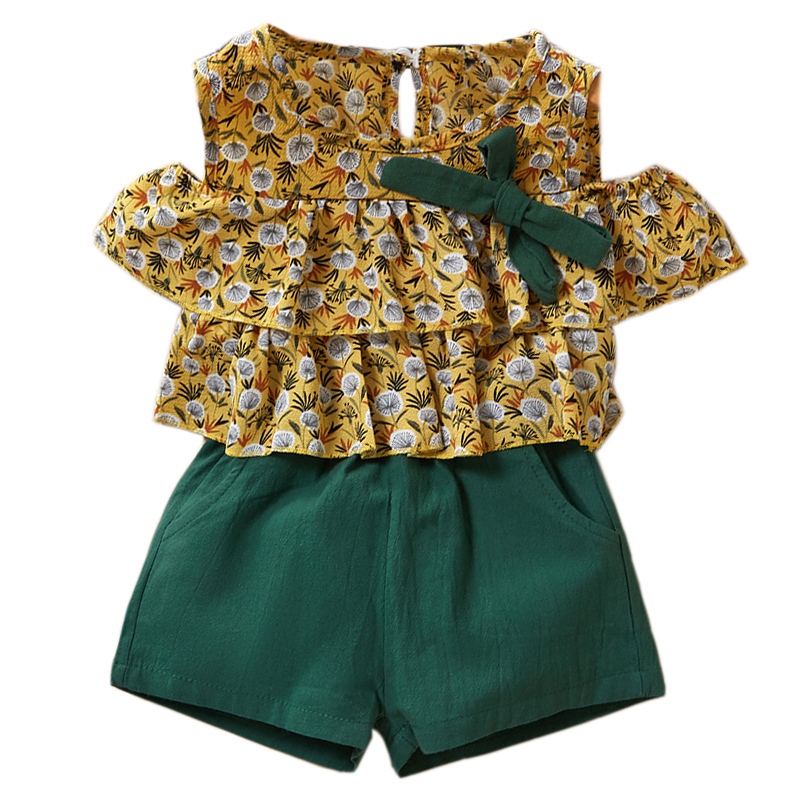 

Kids Clothes Set Summer Style Girls Children Dandelion Print Chiffon Off Shoulder Shirt +Pocket Shorts Two Piece Sets Kids Casua, 90cm