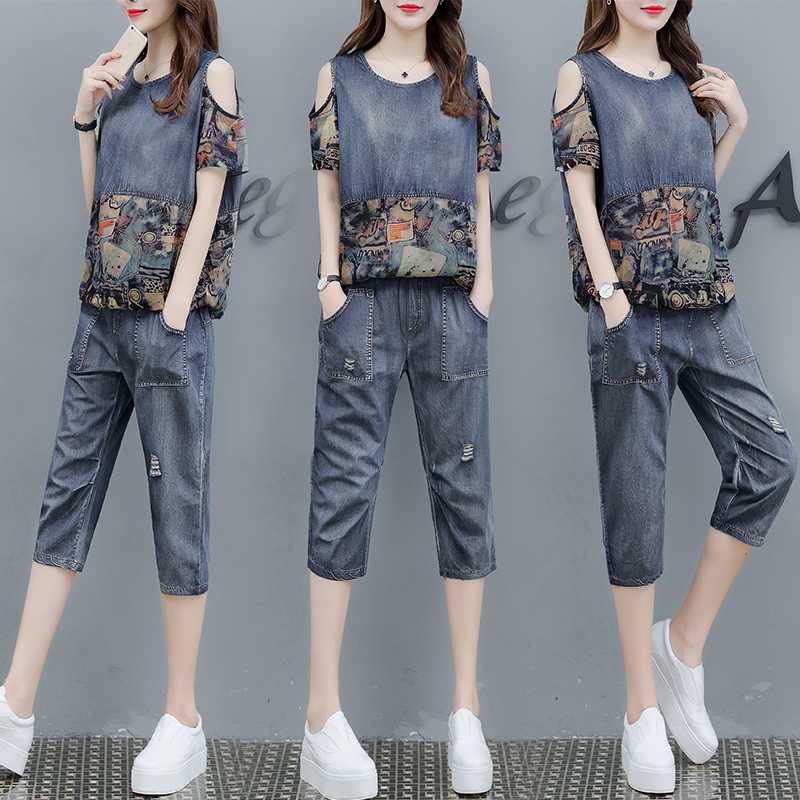 

Denim 2 Piece Set Women Outfits Off Shoulder Print Floral Plus Size Two Pieces Jeans Co-ord Top Pants Suits 2020 Summer Clothing, Blue