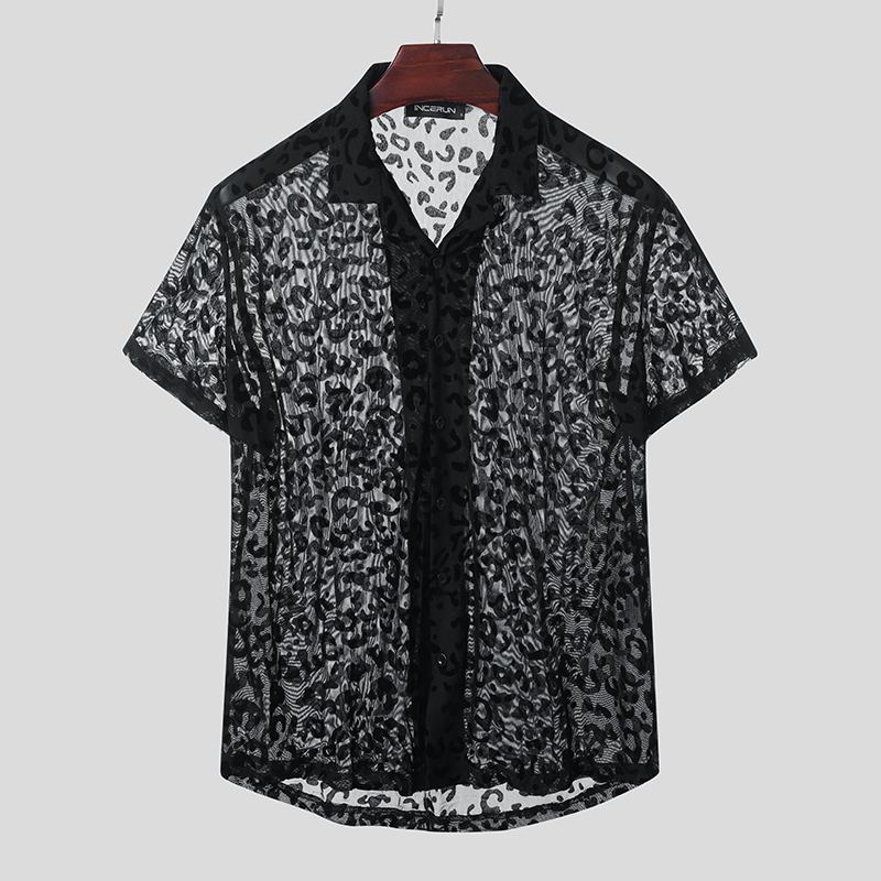

Fashion Mesh Shirts Short Sleeve Lapel Camisa Men Leisure Leopard Printed Blusas Punk See Through Blouse Streetwear 5XL, Black