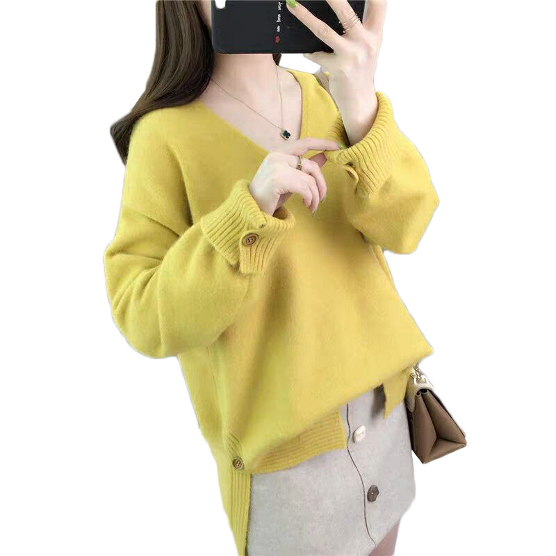 

Women's Sweaters And Pullovers 2020 New Long Sleeve Loose V-Neck Knitting Tops Solid Color Casual Sweater Jumper Pull Femme Y483, Pink