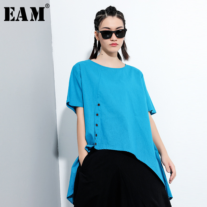 

EAM] Women Blue Irregular Split Joint Big Size T-shirt New Round Neck Short Sleeve Fashion Tide Spring Summer 2020 1X913