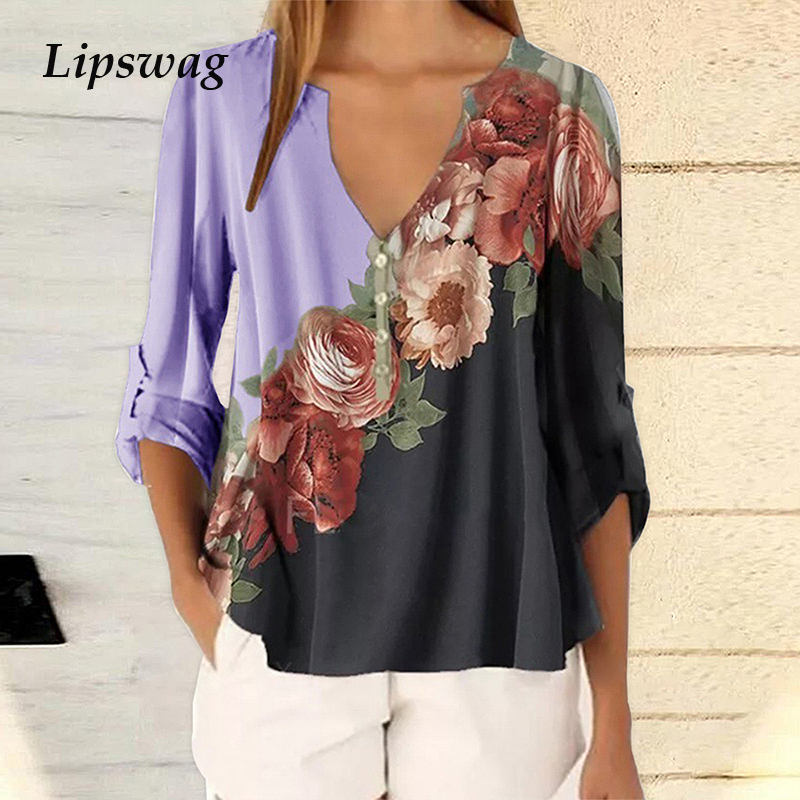 

Women V-neck Chiffon Blouse Tops Vintage Floral Print Button Blouses Shirts Elegant Office Lady Half Sleeve Blusa Feminina 5XL, Blue
