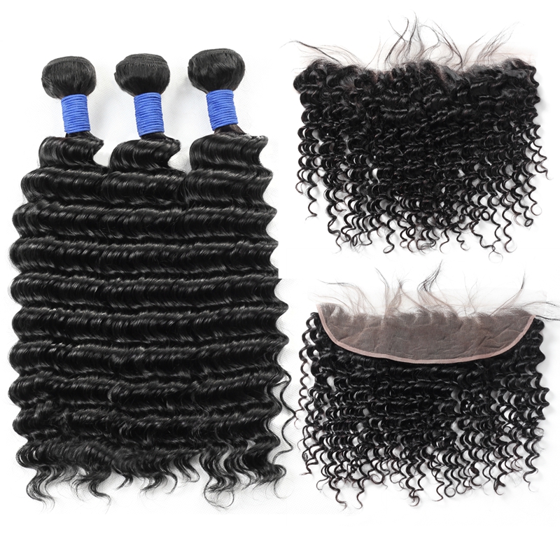 

Ishow 8A Brazilian Virgin Hair Extensions 3Bundles With 13*4 Lace Frontal Human Hair Bundles With Closure Deep Wave for Women Girls All Ages Natural Black 8-28inch, Natural color