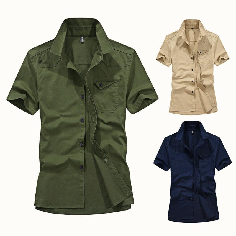 

Men' Army Short Sleeve Casual Shirts Cotton Lapel Dress Blouse Tops, Beige