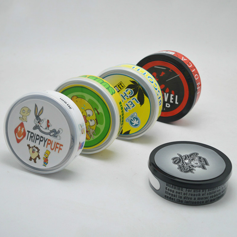 

candy small iron box round food sugar mix Tin 73*23mm Cali pressitin tuna Candry HerbTin Clear Peel Off Lid black Cover Smell packaging boxs