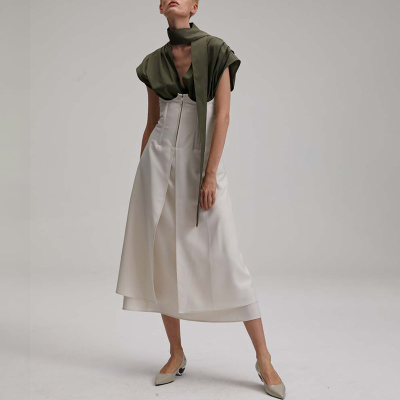 

Two Piece Set Female V Neck Short Sleeve Drawstring Ruched Tops High Waist Tunic Skirts Women' Suit 2020 Fashion Tide, Green khaki