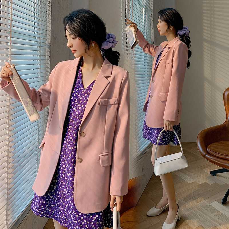 

Women Autumn Full Sleeve Blazer Open Front Cardigan Jacket Work Office Blazer Elegant Korean-Style Casual Temperament Coat H023, Pink