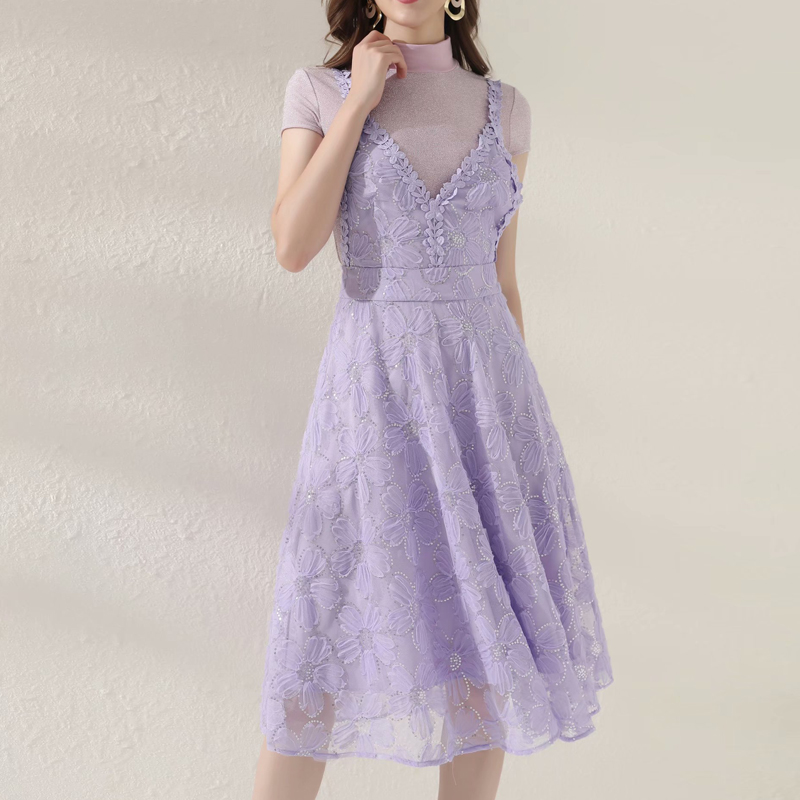 

HIGH QUALITY New Fashion 2020 Runway Dress Women' Set of two pieces short Sleeve TOP sling Embroidery Sequined Gauze Dress, As pic