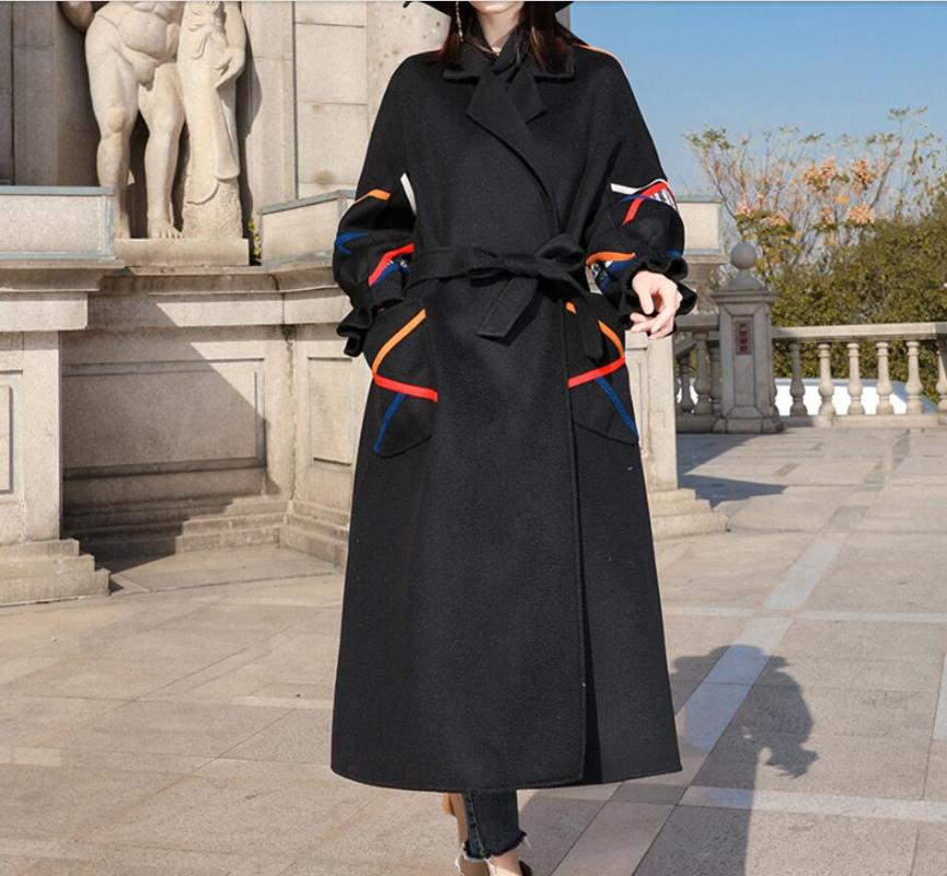 

Elegant Women Wool Coat Long Sleeve Casual Woolen Cloth Medium Length Coat Turn-down Collar winter coats NEW, Black