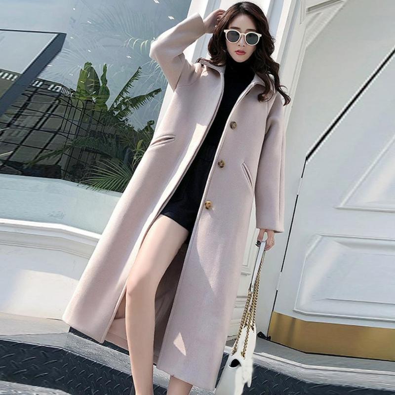 

Woolen Women Coat Winter 2020 Fashion Vintage Elegant Solid Lapel Long Coat Cappotto Lana Donna Manteau Mouton Femme, Beige
