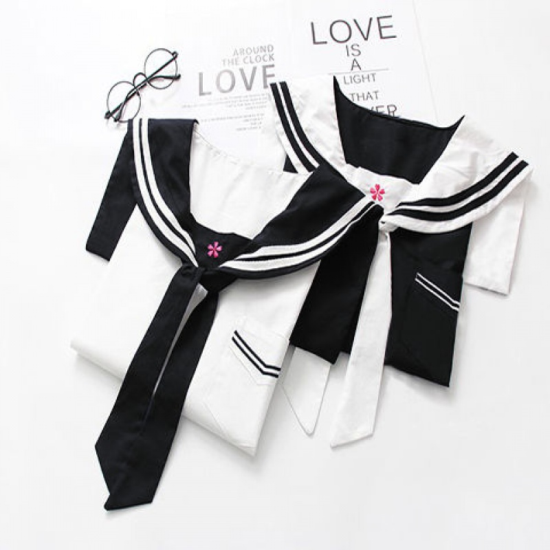 

Women Japanese Style Navy Collar Kawaii Lolita T shirt Girls Sakura Embroidery T-Shirt Cosplay Tees, Black