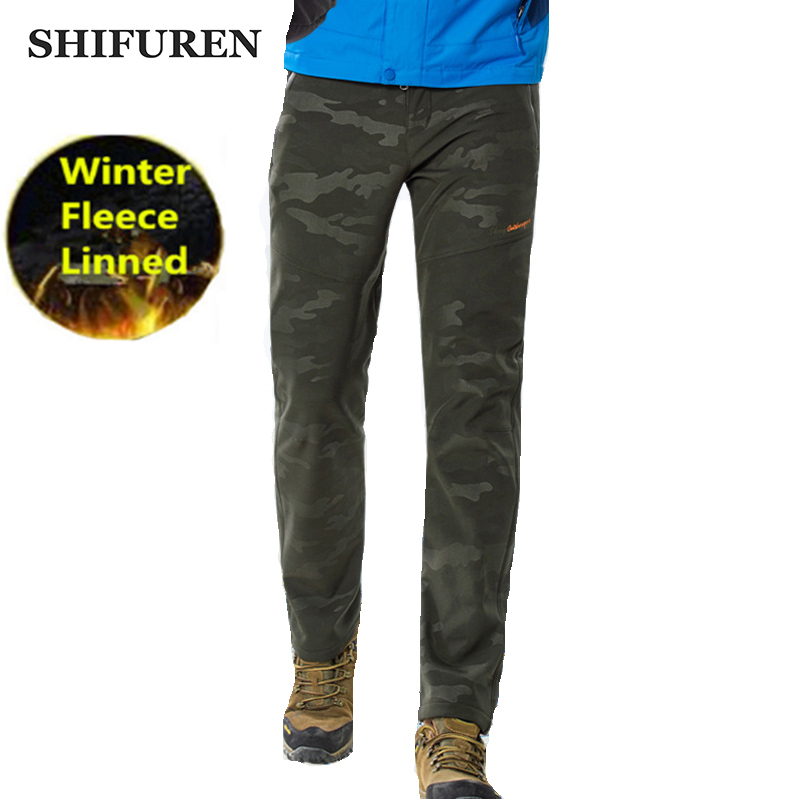 

SHIFUREN Winter Men's Hiking Pants Camouflage Outdoor Camping Ski Climbing Pants Waterproof Windproof Fleece Softshell Trousers, Black