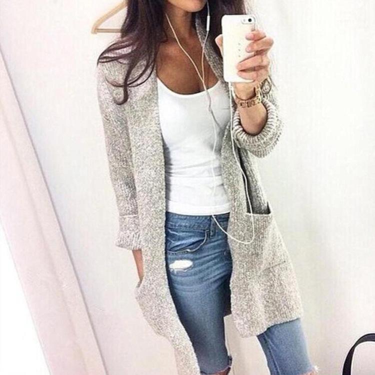 

With Pocket Ladies Nature Color Sweater Womens Cardigan Sweaters Spring Autumn Long Sleeve Fashion Style