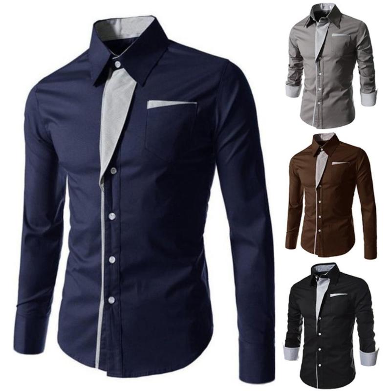 

Fashion Men Stand Collar Long Sleeve Color Block Button up Shirt Sliming and Fit Male Social Casual Business White Black Shirt