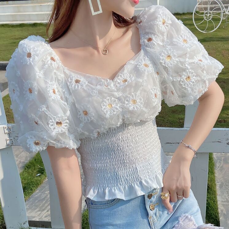 

Summer Flowers Mesh Blouses Shirts Tees Female Slash Neck Short Sleeve Sweet Ruffles Blouses Tops For Women GT5821, Pink