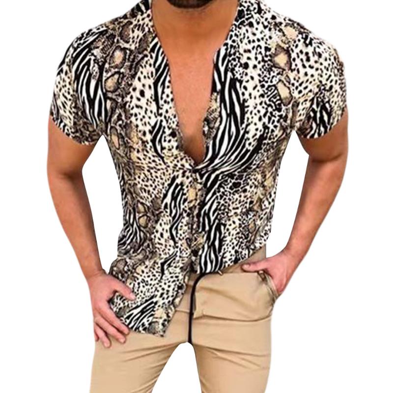 

KLV men's shirt Polyester fiber men's blouse Leopard Print Tees Shirt Short Sleeve Tops Drop shipping CSV, Khaki