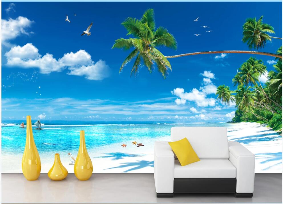 

3d wallpaper custom photo mural on the wall Sea blue sky white clouds beach coconut tree home decor 3d wall murals wallpaper for living room, Non-woven