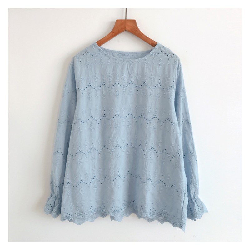 

Loose hollow out embroidery long sleeve cotton shirt mori girl, Khaki