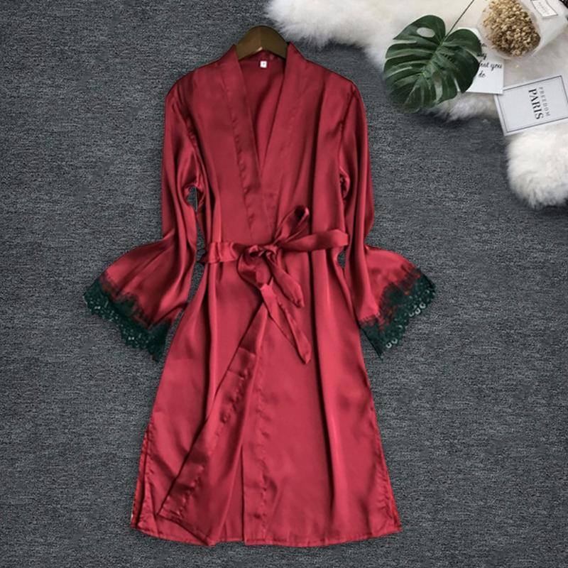 

KANCOOLD Women's pajamas Ladies summer Sexy Satin Silk Sleepwear Nightdress Lingerie Kimono Robe Lace Pajamas Belt nightgown Jul, Red