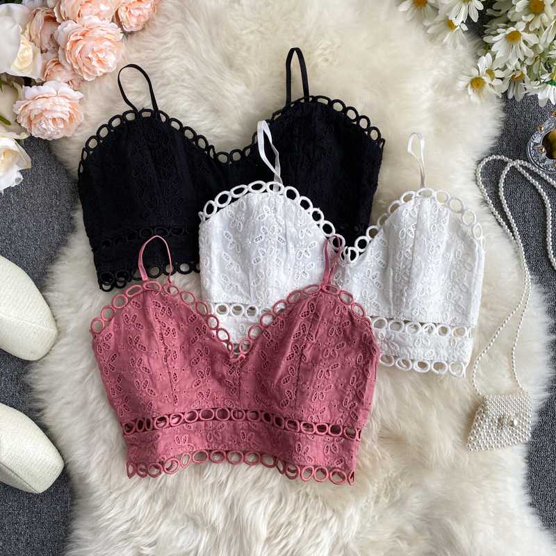 

Ins Sexy Lace Crochet Tank Tops for Women Sweet Bralette Fashion Blackless Lingerie Harajuku Tube Top Halter Femme Vest Bustier, Black