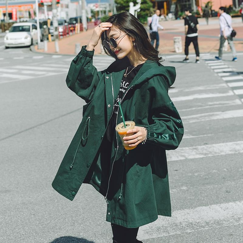 

2020 New Spring Autumn Casual Hooded Literary Deep Khaki Fashion Women Coat Zippers Slim Solid Color Trench Coat J271, Mo se