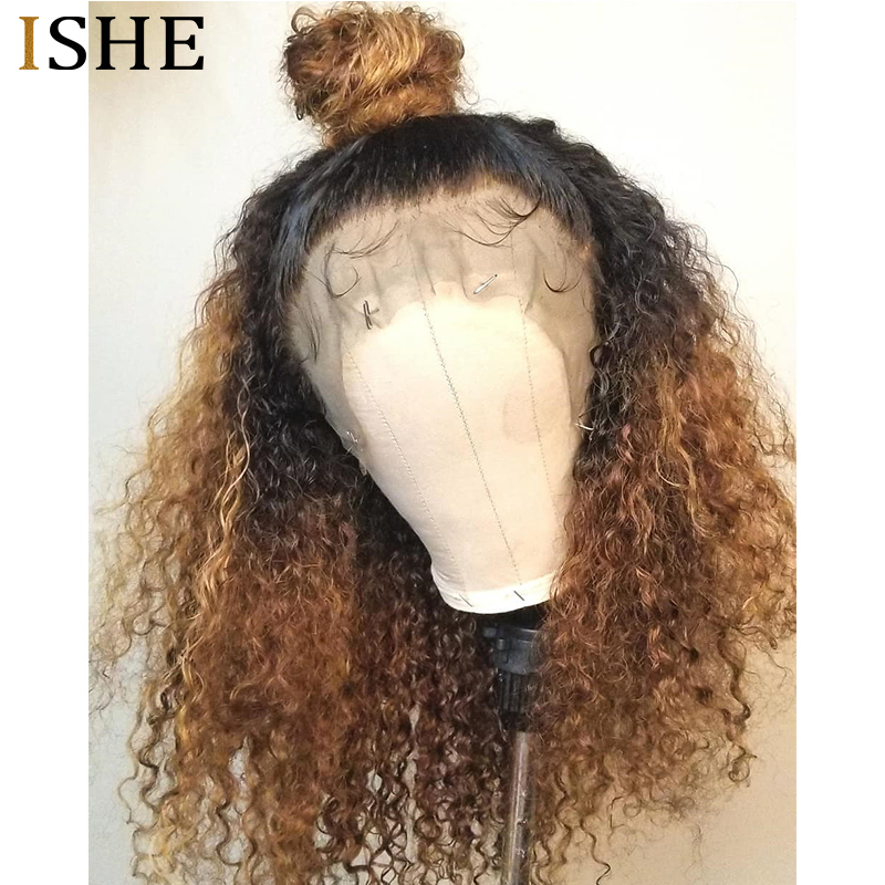 

250% Density Afro 1B/27 Color Kinky Curly Lace Front Human Hair Wigs With Baby Hair Lace Frontal Wig For Women Remy Hair ISHE, Medium brown