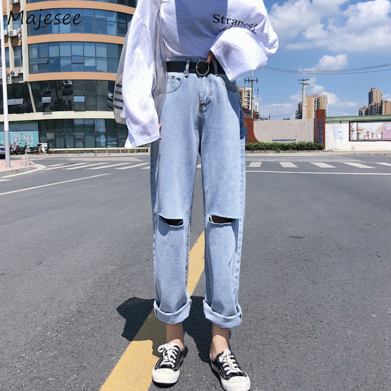 

High Waist Jeans Women Hole Casual Loose Straight Womens Korean Fashion BF Trousers Street Style Females All Match Streetwear, Light blue