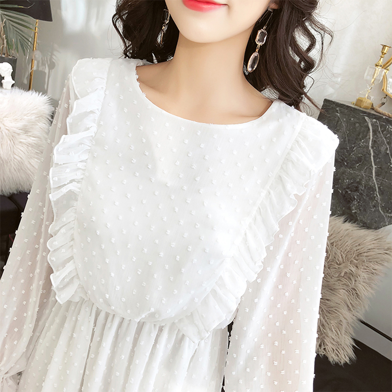 

BGTEEVER Ruffles Polka Dot Women Chiffon Dress Elastic Waist Flare Sleeve Female Long Vestidos A-line White Dress 2020 hot