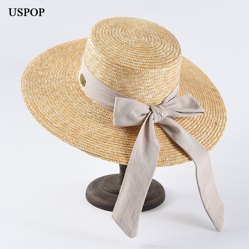 

USPOP fashion raffia sun hats women summer hats natural wheat straw hat casual female ribbon bow-knot wide brim beach hat, Wheat straw-beige