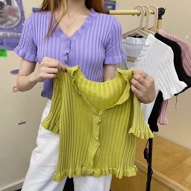 

5Colors Women Trendy Wild Button Knitted Fashion T Shirt Ruffled T-shirt Short Sleeved Sexy V-neck Solid Color T-shirt