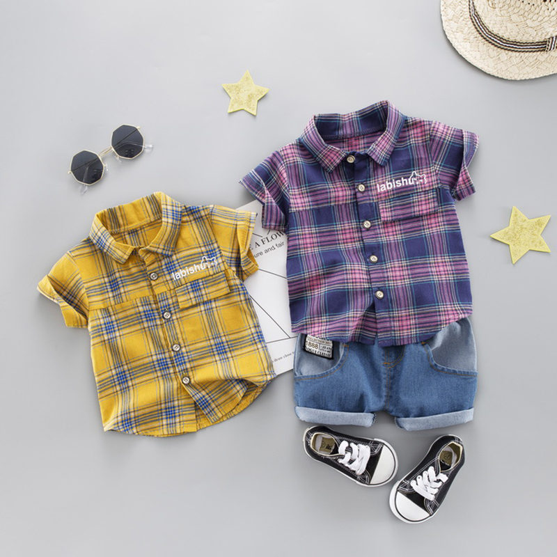 

Multicolor New Summer Boy Shirt Set Plaid Print Tops Blouse Shirt+Shorts Children Casual Short Sleeve Outfits Sets, Purple