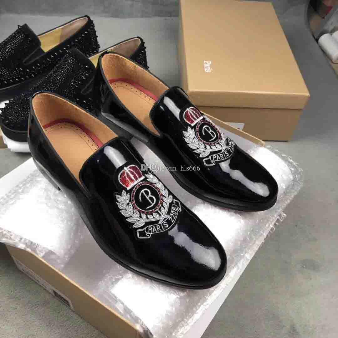 

Black Genuine Leather With Embroidery Gentleman Wedding Dress Mens Red Bottom Luxey Loafers Oxfords Flats Shoes Brand Sneakers Flats Free
