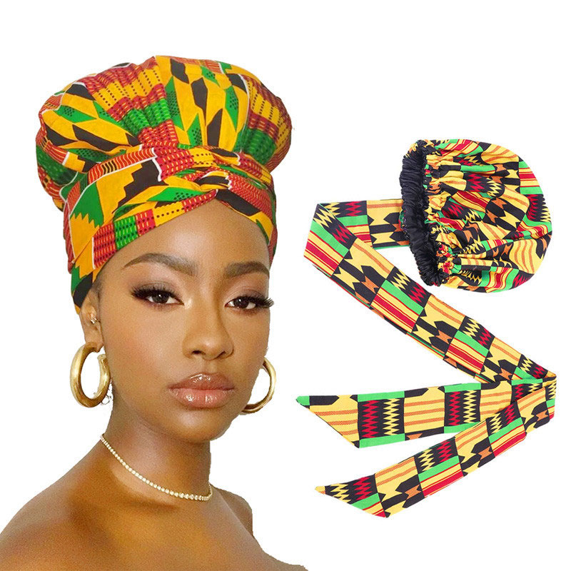 

African Pattern Print Double Layer Bonnet Women Girl Night Sleep Caps Satin Large Headwear Ladies Headwrap Hair Care Hat Turban