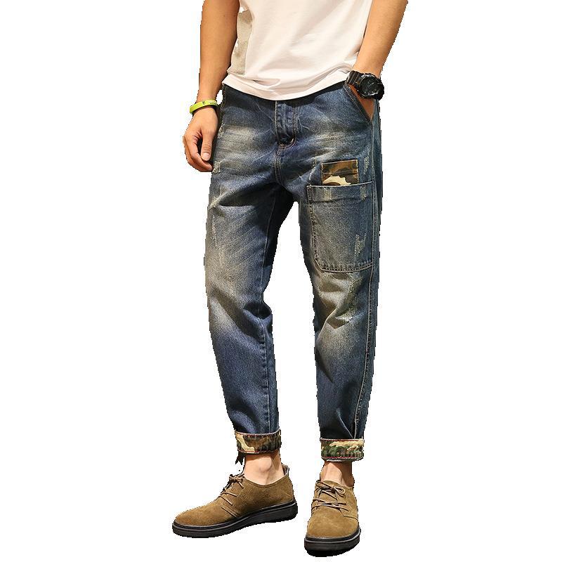 

Vintage Cuffs Mens Jeans Plus Size Solid Color Blue Harem Pants Denim Mens Trousers 2020 Men Clothes OMP205005